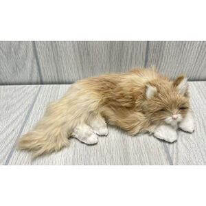 Vintage Realistic Furry Cat Figurine Tan and White Sleeping Cat Soft